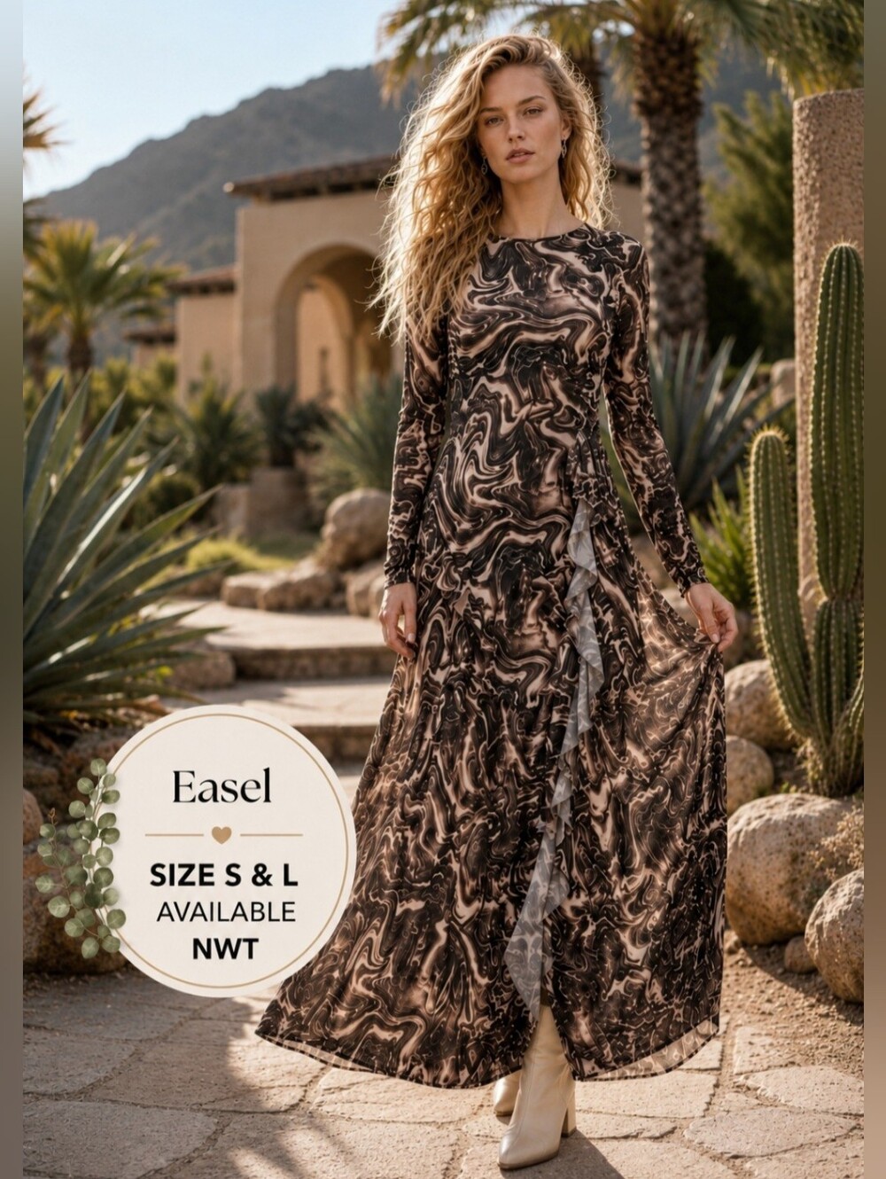 Easel Los Angeles NWT Brown Swirl Mesh Long Sleeve Ruffle Maxi Dress